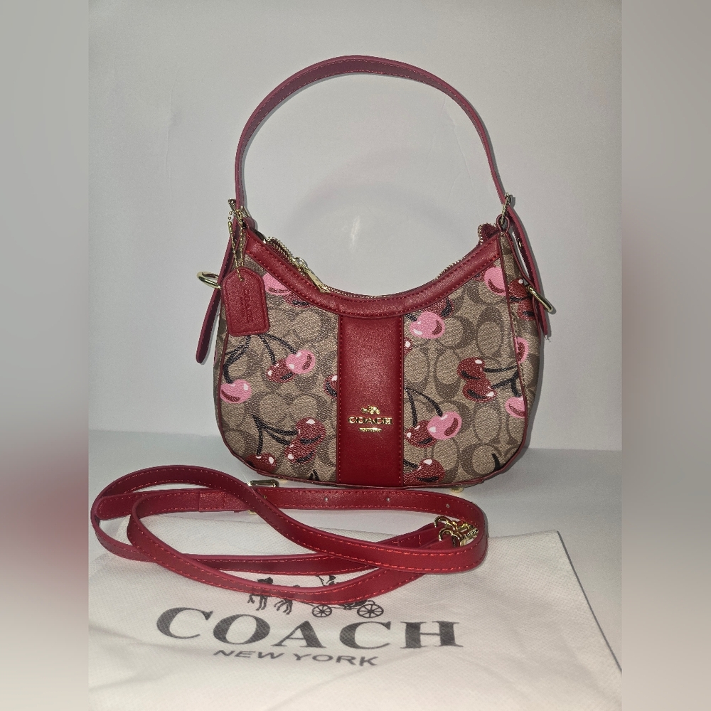 COACH Cherry-Print Signature Canvas Hobo Bag in Red